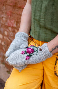 wool knit fleece lined glitten flower bee embroidery fair trade Nepal