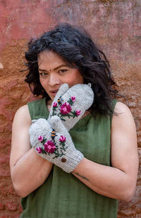 wool knit fleece lined glitten flower bee embroidery fair trade Nepal