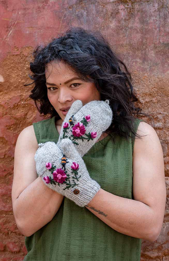 wool knit fleece lined glitten flower bee embroidery fair trade Nepal