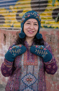 moss stitch earflap hat fleece lined embroidery fair trade Nepal