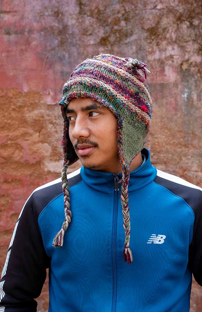 Wool/Silk Knit Earflap Hat, Fleece Lined