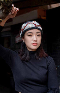 Wool Knit Headband w/Vine Embroidery, Fleece Lined