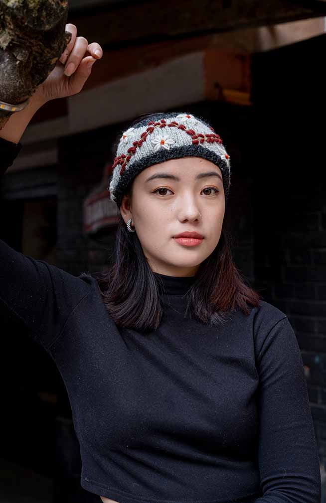 Wool Knit Headband w/Vine Embroidery, Fleece Lined