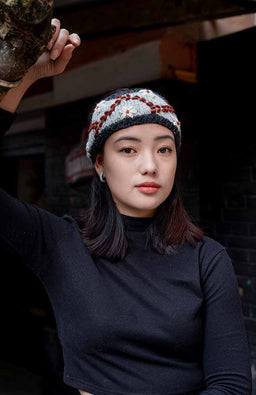Wool Knit Headband w/Vine Embroidery, Fleece Lined