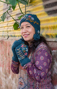 moss stitch earflap hat fleece lined embroidery fair trade Nepal
