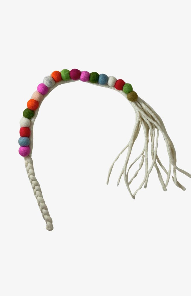 felted wool cat toy with braided handle, felt balls, teasers, fair trade Nepal