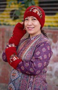 wool knit fingerless handwarmer gloves fleece lined with beaded embroidery nepal