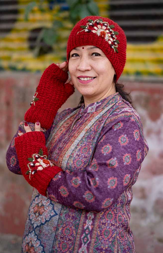 wool knit fingerless handwarmer gloves fleece lined with beaded embroidery nepal