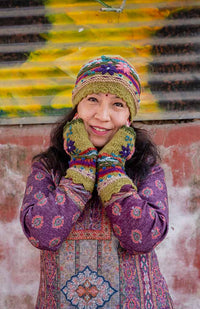Hand Knit & Embroidered Wool Hat w/ Flowers, Fleece Lined