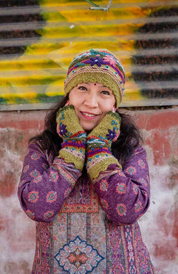 Hand Knit & Embroidered Wool Hat w/ Flowers, Fleece Lined