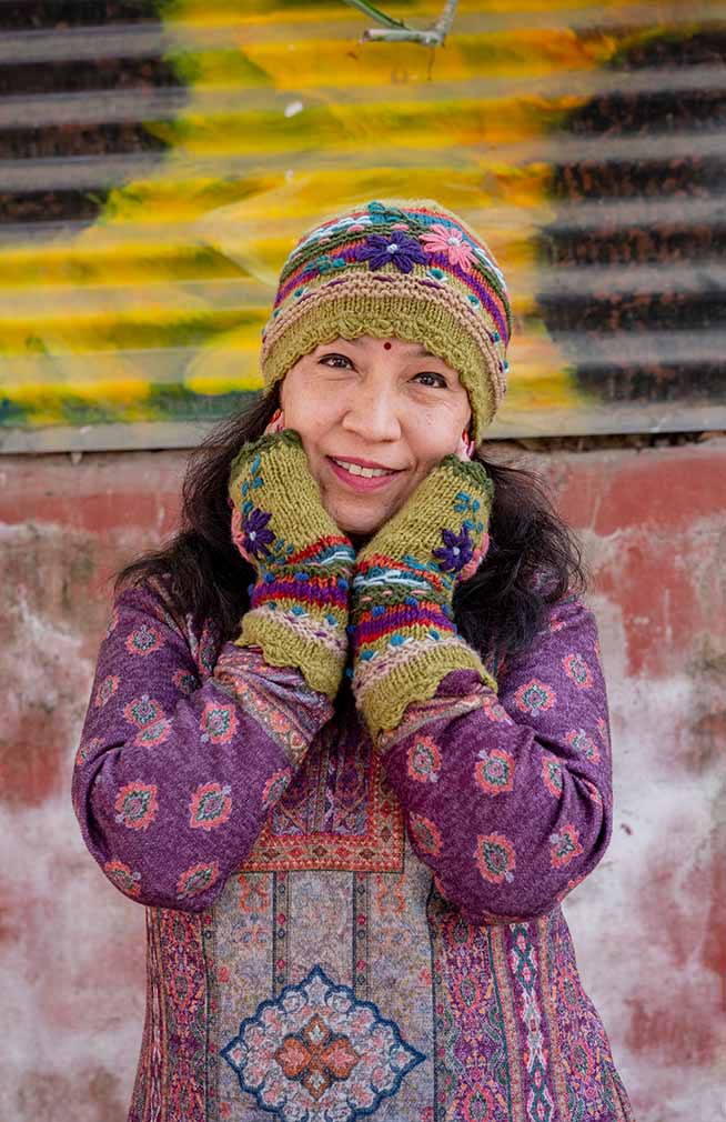 Hand Knit & Embroidered Wool Hat w/ Flowers, Fleece Lined