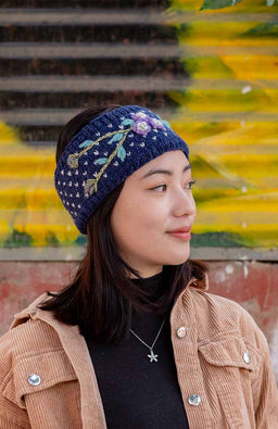 Wool Knit Headband w/ Flower Embroidery, Fleece Lined
