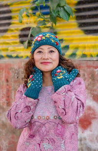 Wool Knit Headband w/ Flower Embroidery, Fleece Lined