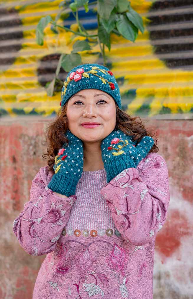 Wool Knit Headband w/ Flower Embroidery, Fleece Lined