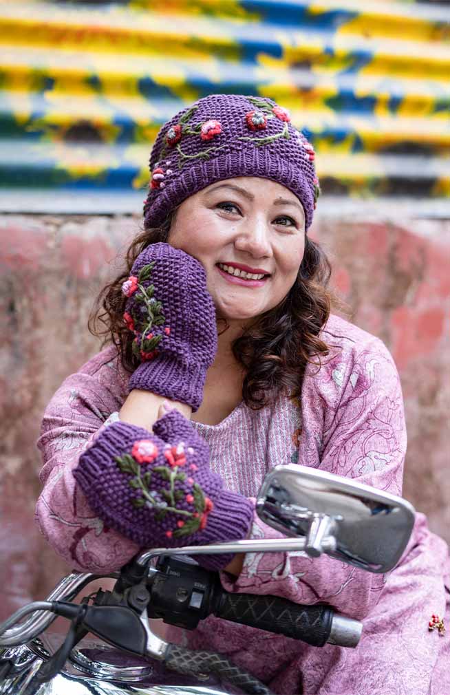 Cotton Knit Hat w/Flower & Vine Embroidery, Fleece Lined