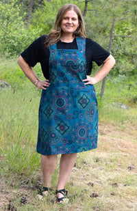 Blue cotton overall dress with screen printed mandala pattern