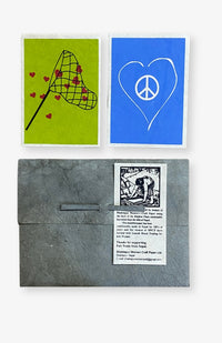 Set of 6 Handmade Lotka Paper Cards with peace heart design and butterfly net catching hearts design. Handmade in Nepal.