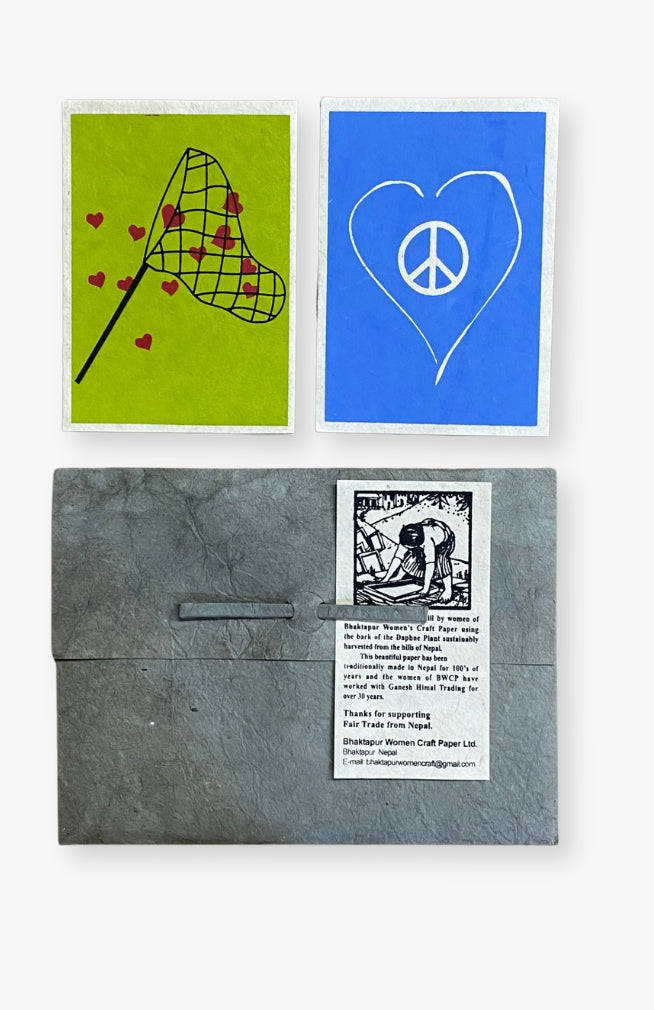 Set of 6 Handmade Lotka Paper Cards with peace heart design and butterfly net catching hearts design. Handmade in Nepal.