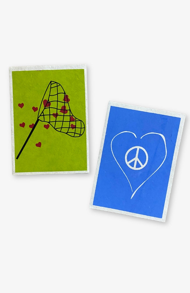 Set of 6 Handmade Lotka Paper Cards with peace heart design and butterfly net catching hearts design. Handmade in Nepal.