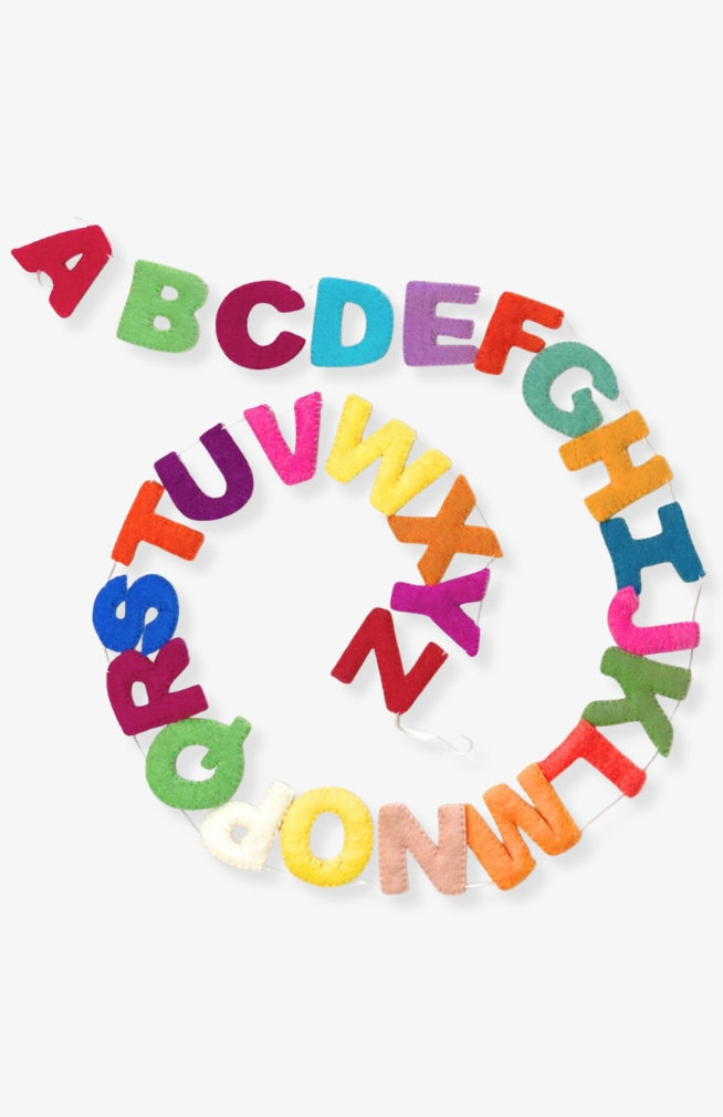 Colorful felt alphabet garland, handmade in Nepal.