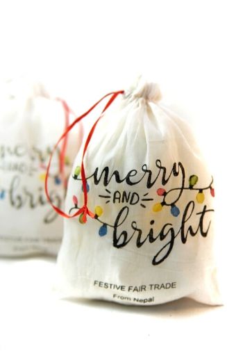 Cotton Drawstring Gift Bag with "Merry and Bright" Printing