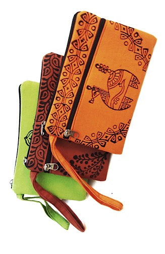 Handcrafted Cotton Block Print Clutch Bag w Wrist Strap