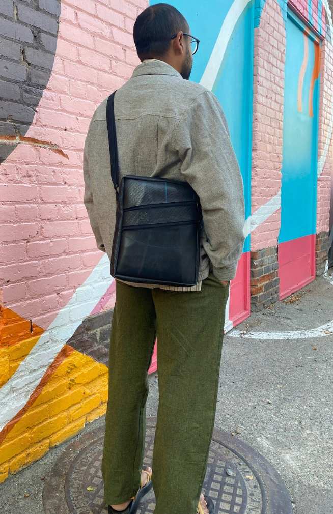 Recycled Rubber Crossbody Bag w Diagonal Front Pockets
