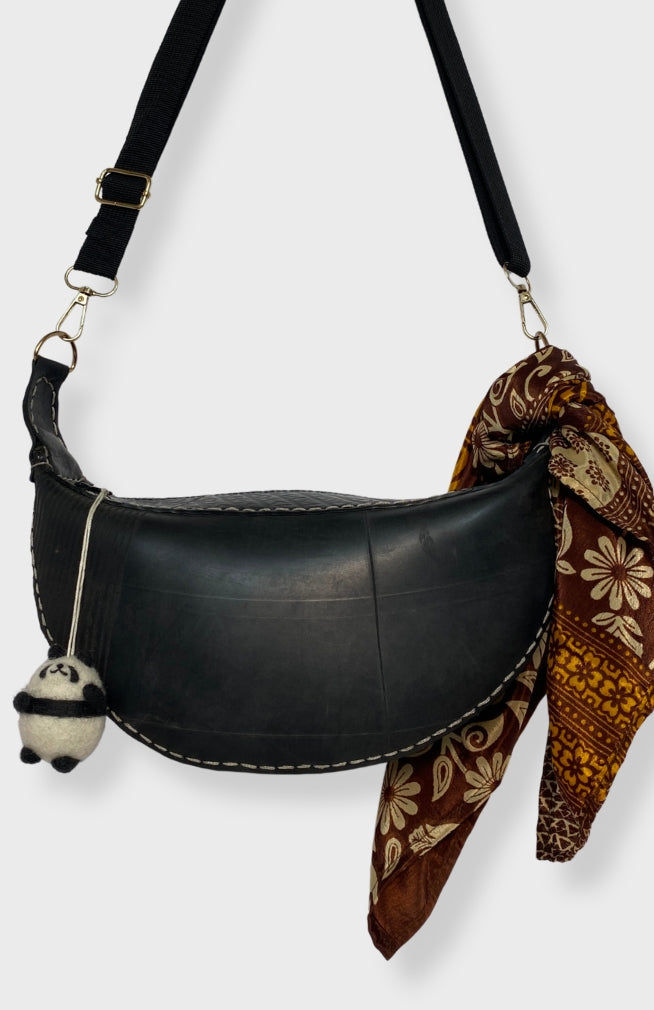 Handmade round panda bear bag charm for bags, backpacks, purses, handmade in Nepal of 100% New Zealand wool.