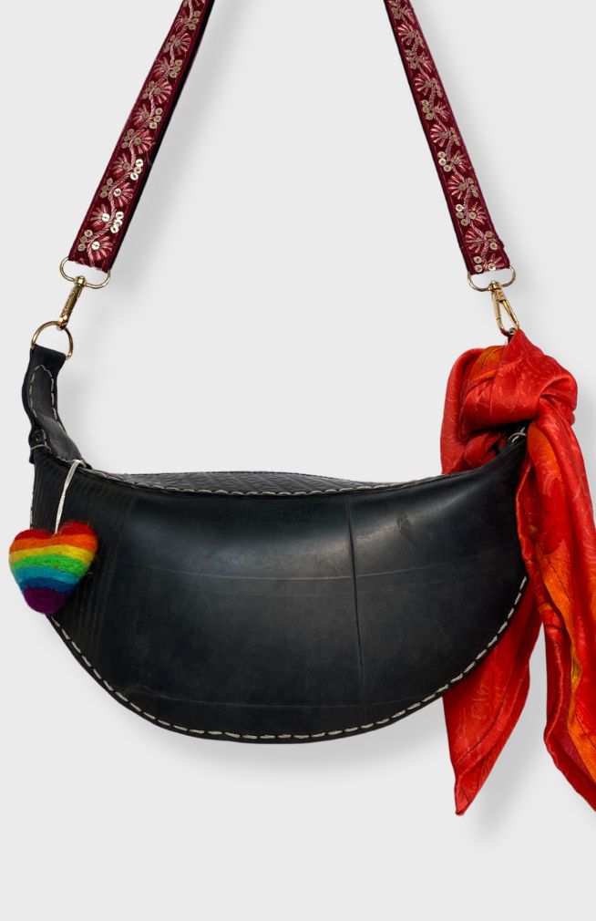 Handmade Rainbow Heart Shaped zipper pull for bag, backpack, or purse, handmade in Nepal.