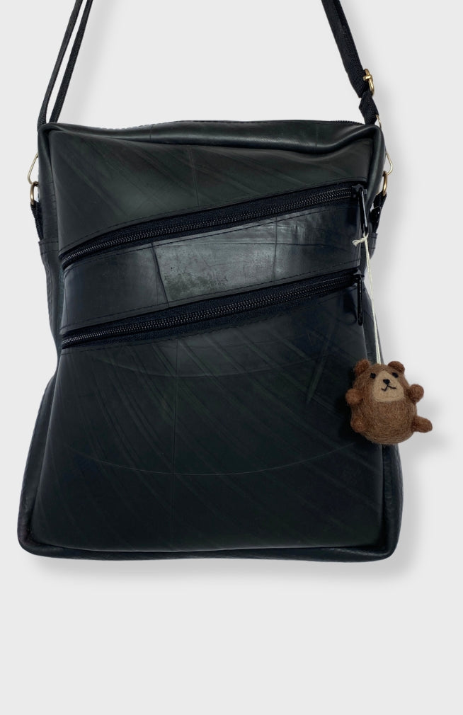 Handmade brown felt teddy bear bag charm for bags, backpacks, purses, handmade in Nepal of 100% New Zealand wool.