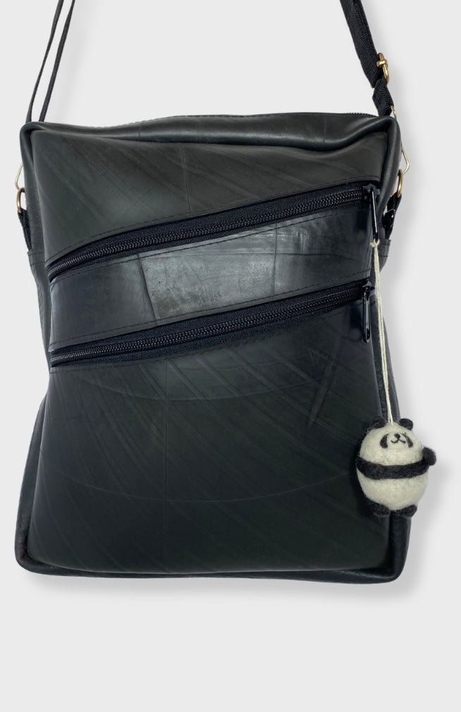 Handmade round panda bear bag charm for bags, backpacks, purses, handmade in Nepal of 100% New Zealand wool.