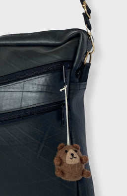 Handmade brown felt teddy bear bag charm for bags, backpacks, purses, handmade in Nepal of 100% New Zealand wool.