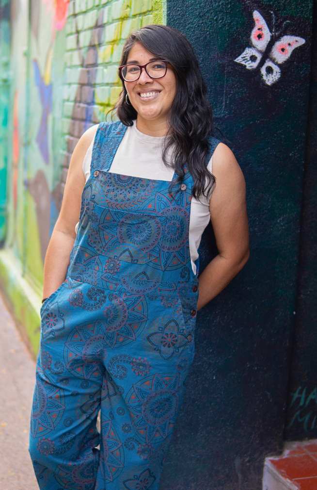 Blue cotton overalls with screen printed mandala design
