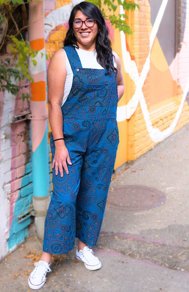 screen printed cotton overalls with mandala design