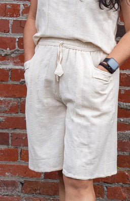 cream textured cotton shorts with elastic waist 