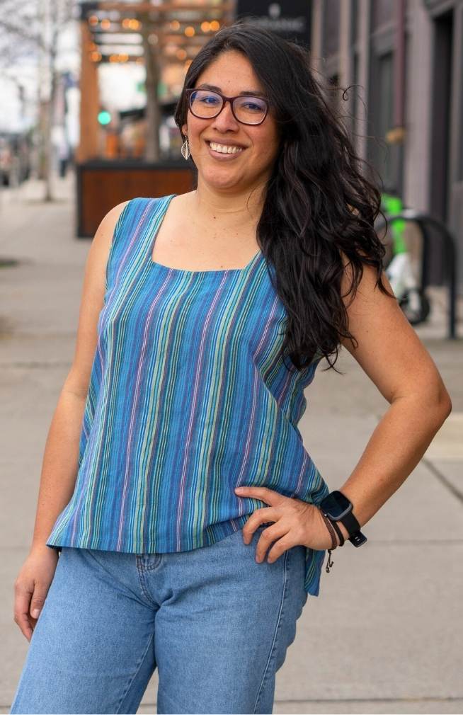cotton stripe tank top with faux back buttons