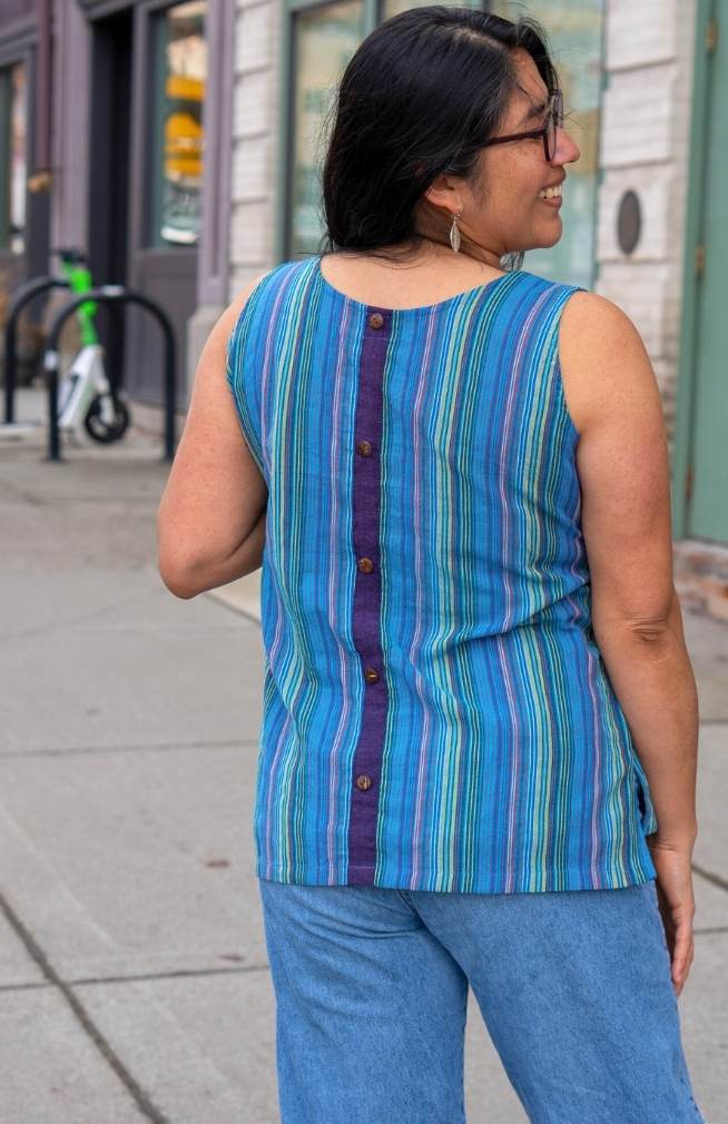 cotton assorted stripe tank top with contrast stripe and faux buttons down back