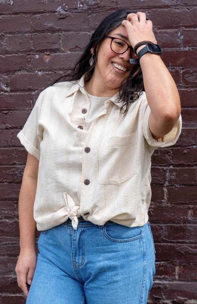 Plus size natural honeycomb cotton short sleeved button down shirt 