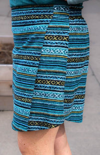 Blue striped cotton mini skirt with flap front and gyari pattern