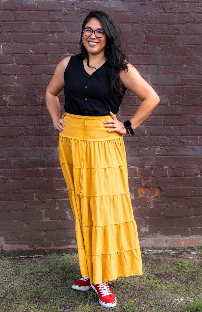 Hand Crafted Cotton Solid Tiered Maxi Skirt w/ Shirred Waist
