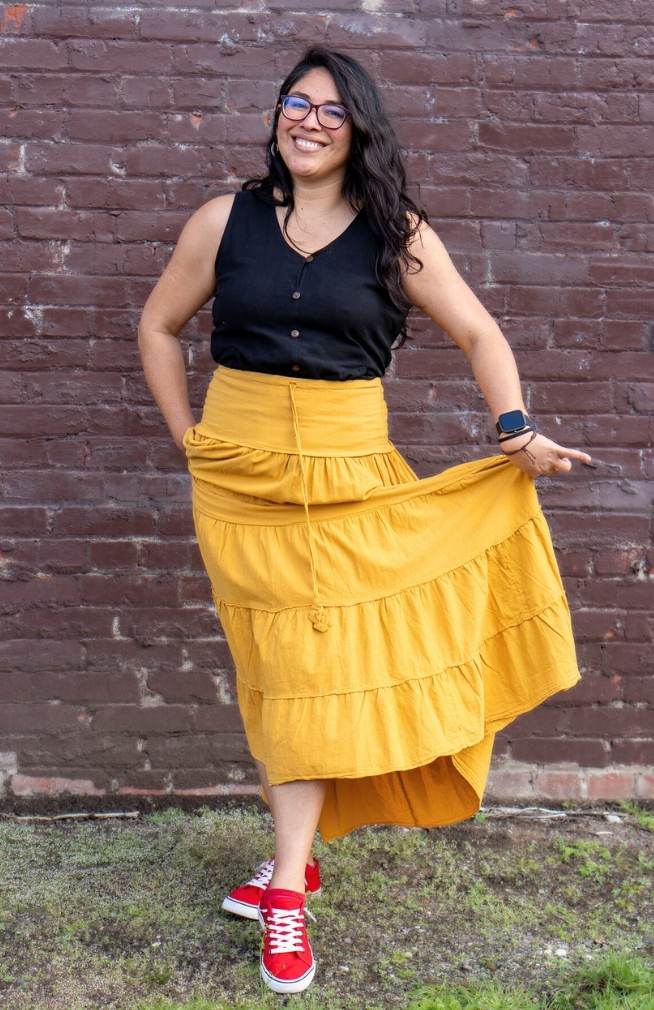 Hand Crafted Cotton Solid Tiered Maxi Skirt w/ Shirred Waist
