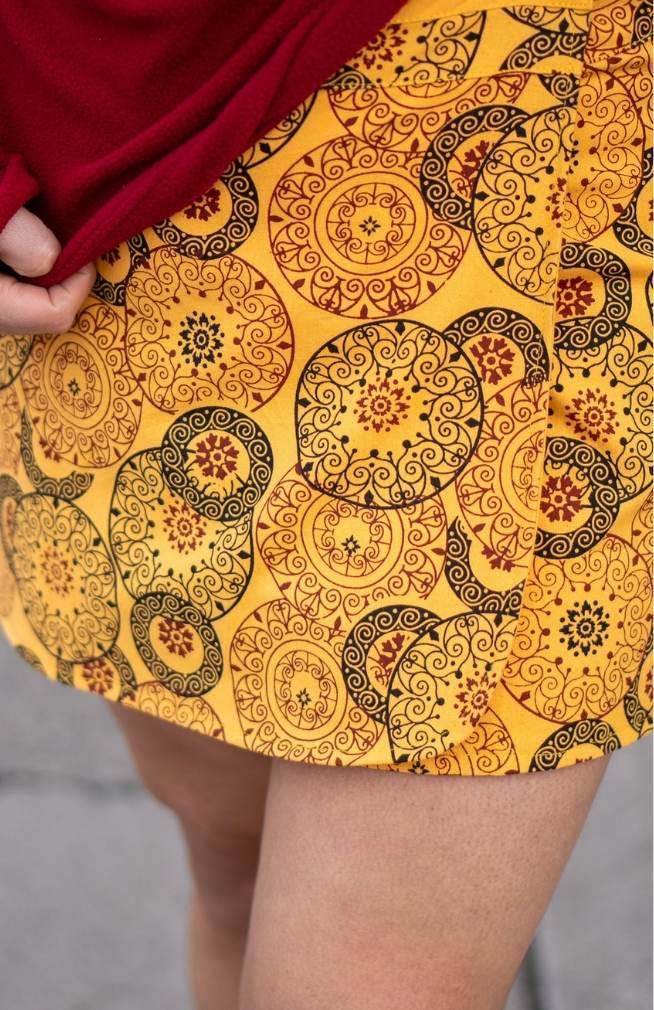 close up of print on adjustable skirt