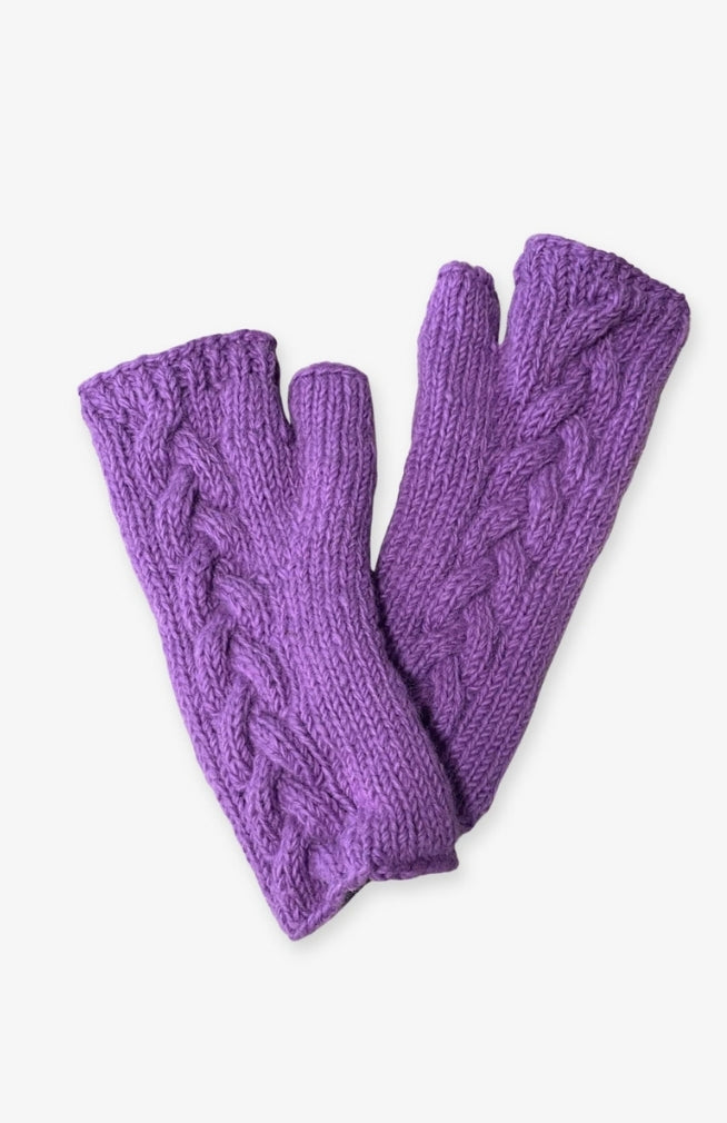 Fair Trade Long wool knit fleece lined hand warmers in cable design, assorted colors. Handmade by artisans in Nepal.