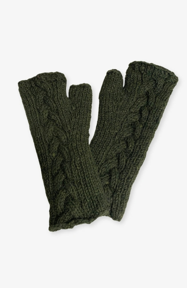 Fair Trade Long wool knit fleece lined hand warmers in cable design, assorted colors. Handmade by artisans in Nepal.