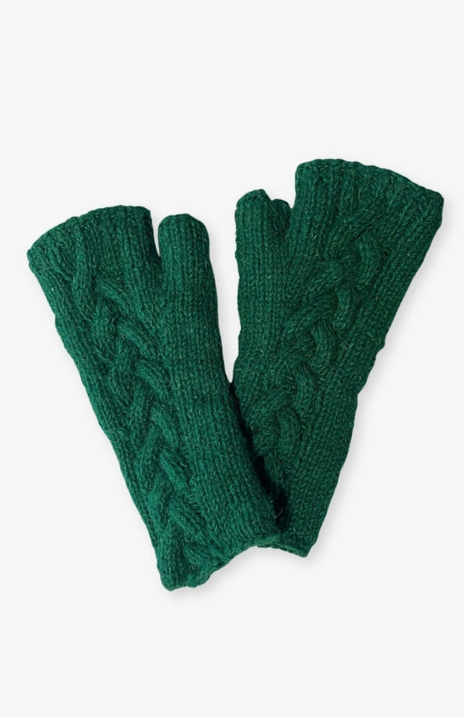 Fair Trade Long wool knit fleece lined hand warmers in cable design, assorted colors. Handmade by artisans in Nepal.