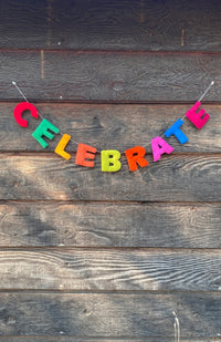 A colorful 'CELEBRATE' felt letter garland. Fair Trade and handmade in Nepal.