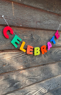 A colorful 'CELEBRATE' felt letter garland. Fair Trade and handmade in Nepal.
