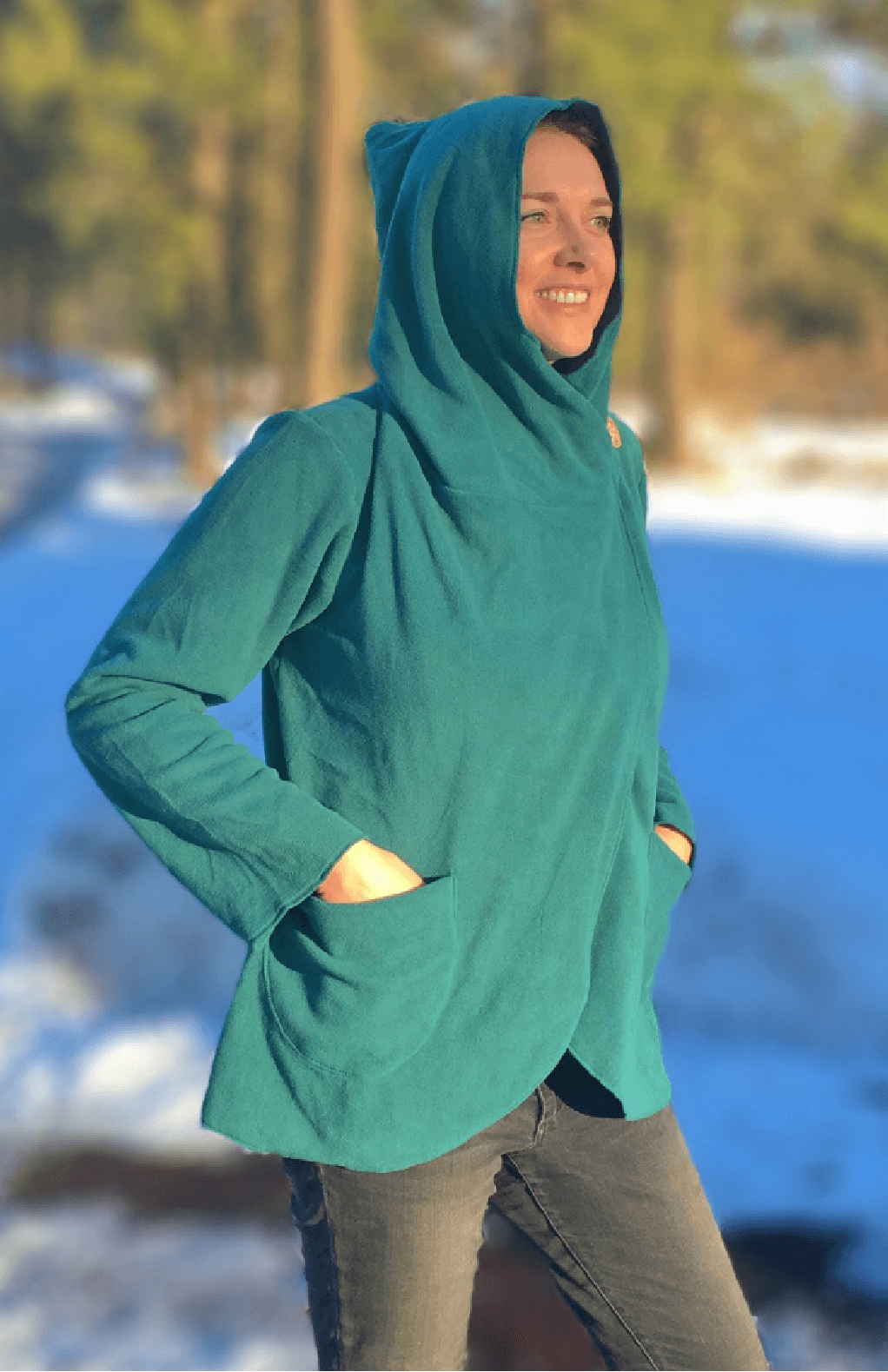 Handcrafted fleece wrap around jacket with pockets and hood. Fair trade Nepal.