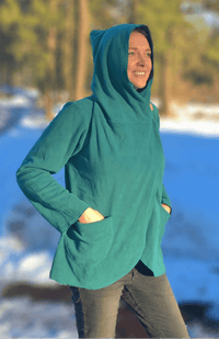 Handcrafted fleece wrap around jacket with pockets and hood. Fair trade Nepal.