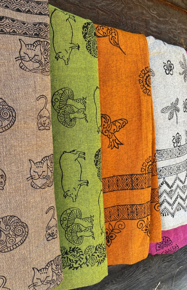 hand spun, hand block-printed cotton throw blanket in assorted colors and designs. Handmade in Nepal
